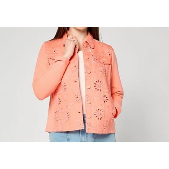 Belle Kim Gravel Lrge Creamsicle Eyelet Jacket Knit Sleeves & Back A683209 NWOT - Picture 1 of 8